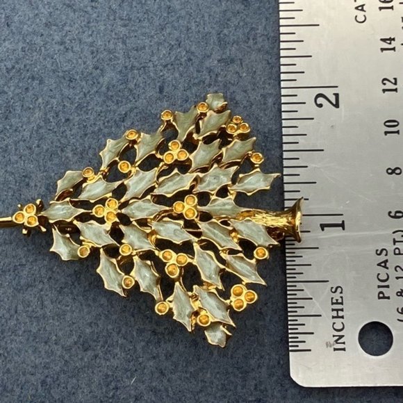 Christmas Pin Brooch Tree Gold Sage Green Enamel Amber Rhinestone Retro Vintage - Picture 5 of 5